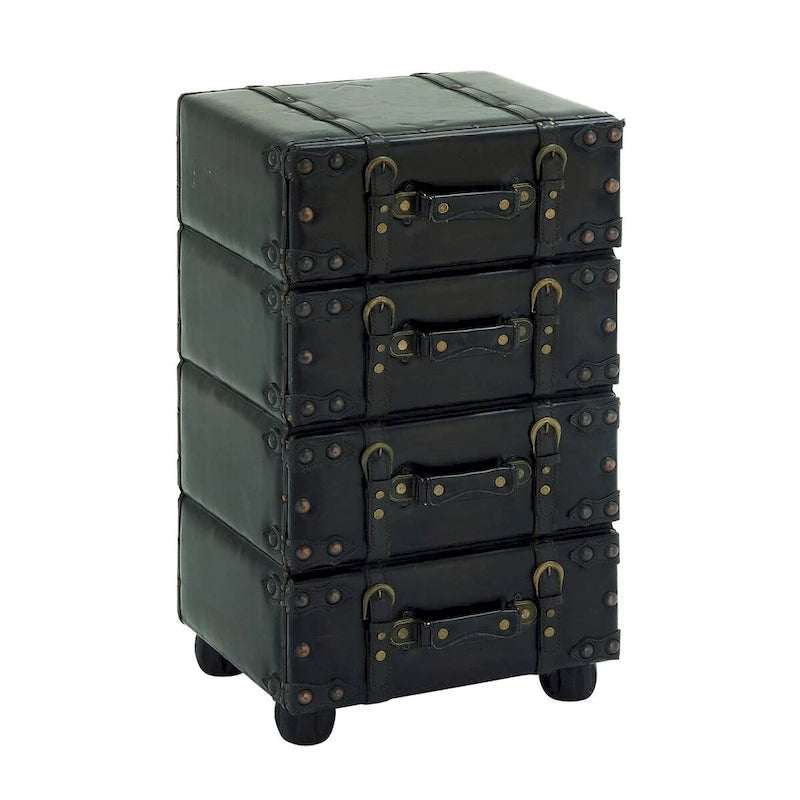 Commode de chambre vintage 4 tiroirs en similicuir avec sangles à boucles et clous dorés - Noir