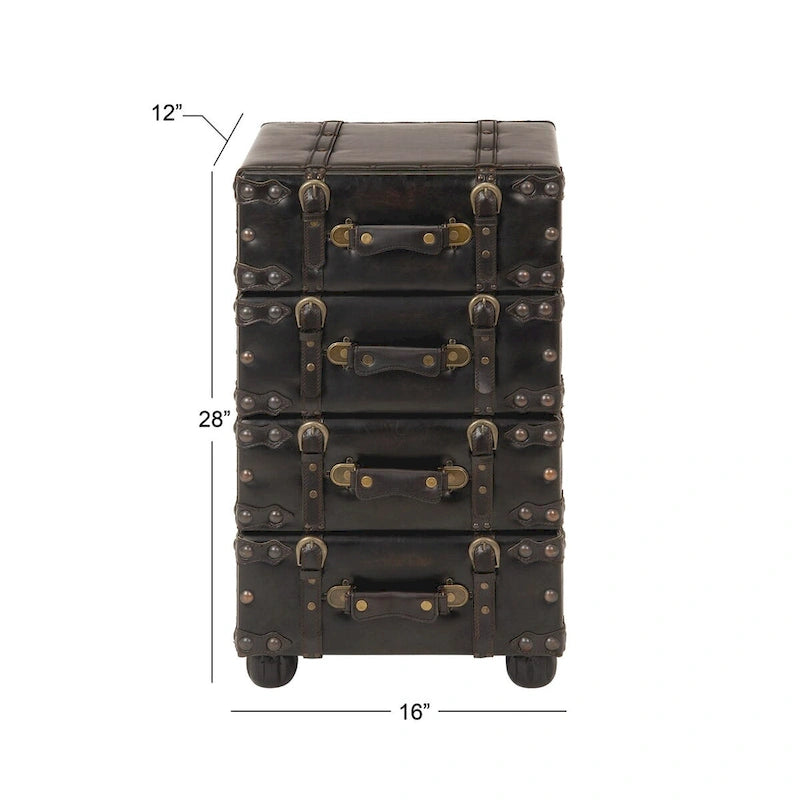 Commode de chambre vintage 4 tiroirs en similicuir avec sangles à boucles et clous dorés - Noir